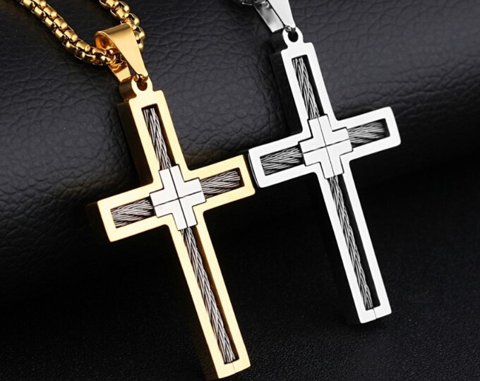 Cable Cross Necklace for Men Catholic Crucifix Stainless Steel 2 Color Waterproof Jewelry Super Round Edge Box Chain Jesus Jewelry Jewellery