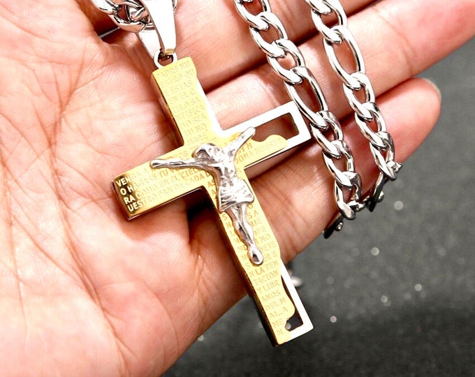 Crucifix Cross Spanish Lords Prayer Curb Chain Cut Out Our Father hip hop Men Orthodox Necklace Silver Gold Heavy Stainless Steel