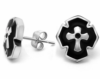 Mens Cross Earrings Studs Silver Black Hypoallergenic Waterproof Stainless Steel Punk Elegant Hip Hop Jewelry Catholic Orthodox Crucifix