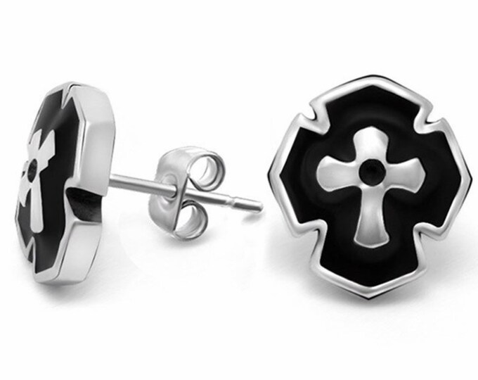 Mens Cross Earrings Studs Silver Black Hypoallergenic Waterproof Stainless Steel Punk Elegant Hip Hop Jewelry Catholic Orthodox Crucifix