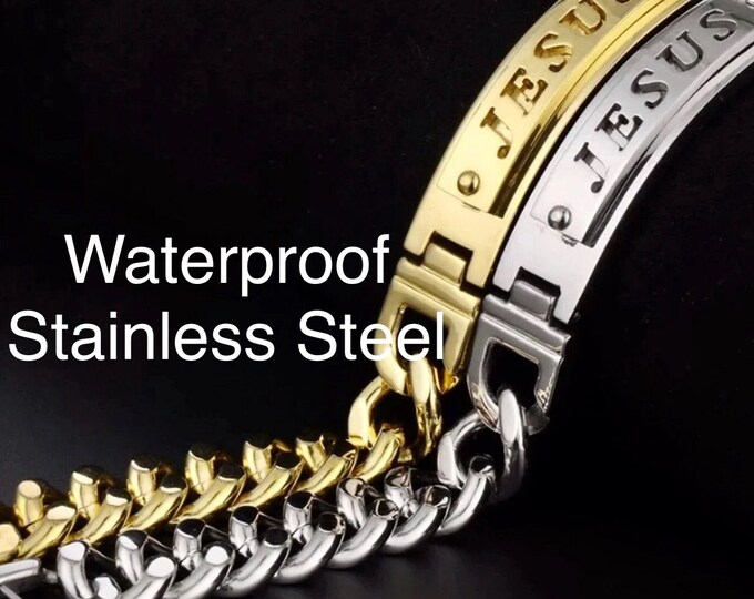 Jesus Engraved Cuff Bracelet Curb Chain Bangle Gold Silver Stainless Steel Jewelry for Men jewellery