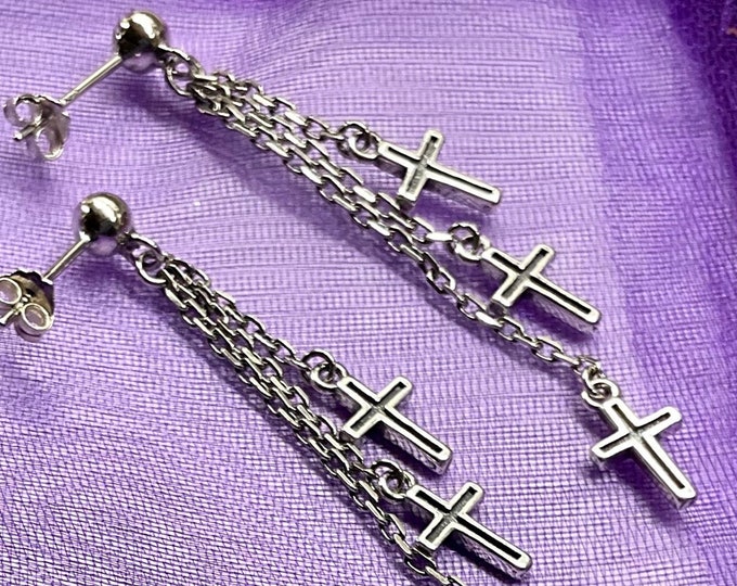 3 Chain Cross Dangle Earrings Solid Sterling Silver Wedding Jewelry S925 Studs 3 Strands Antiqued Boho Simple Cross of Jesus Crucifix