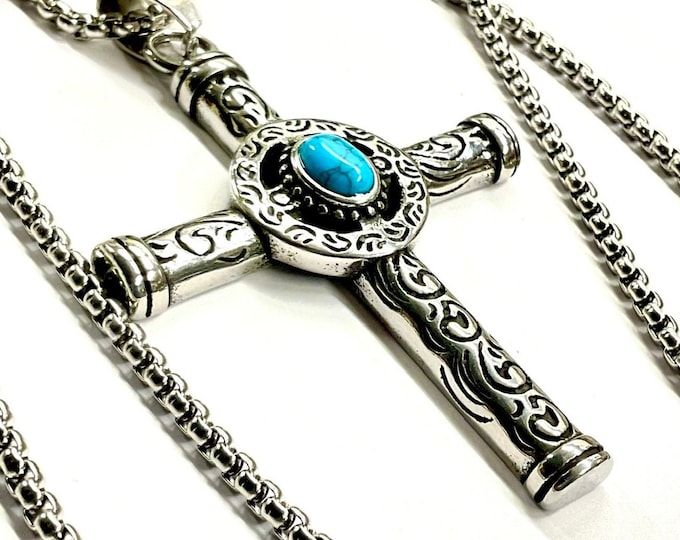 Turquoise Cross Celtic Sun Crucifix Catholic Waterproof All Stainless Steel Hypoallergenic Cross and Chain Necklace for Men hip hop Jesus