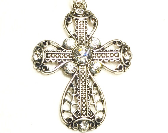 Silver 5 Stone Cross Necklace Filigree Crystal Inset Rhinestone with CZ Look Pendant for Woman Girls Chain Wedding jewellery Jewelry