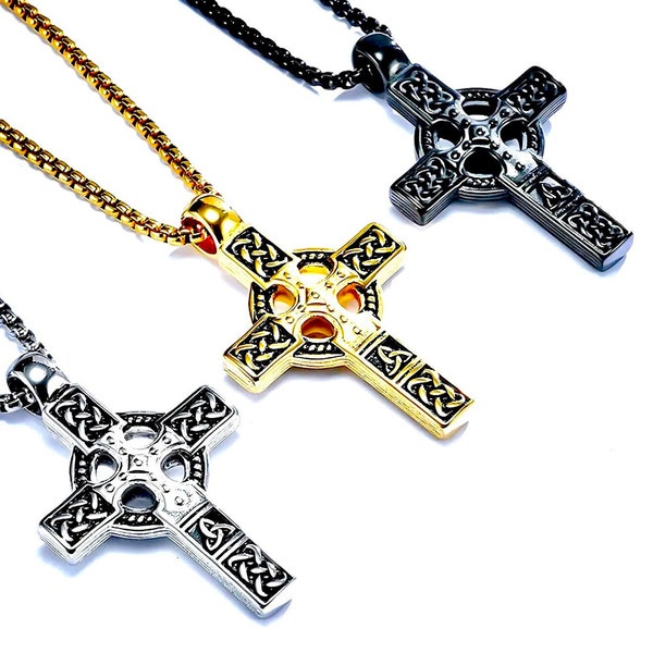 Viking Celtic Cross Necklace Irish Knot Crucifix Gold Black Waterproof Hypoallergenic All Silver Stainless Steel Box Chain