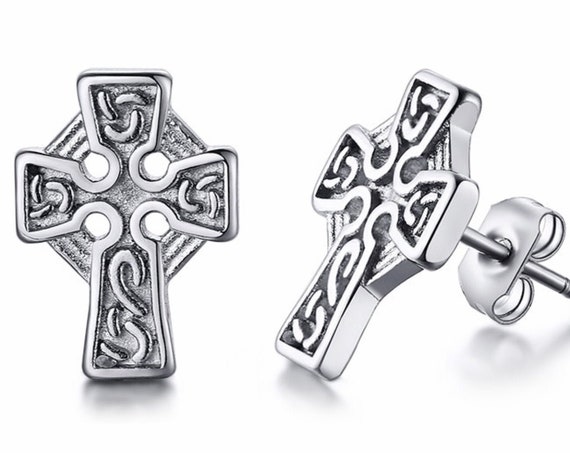 Silver Cross Earrings Celtic Knot Studs Antique Irish Accents Post Style Jewelry for Weddings Bridesmaids Jewellery for Women