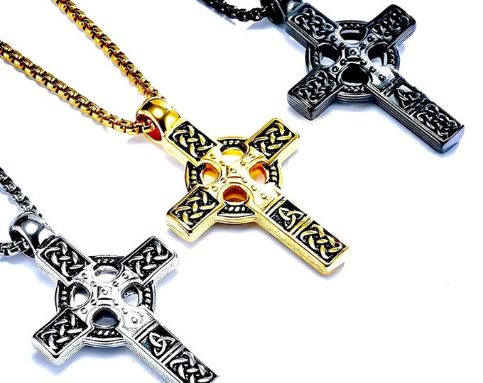 Viking Celtic Cross Necklace Irish Knot Crucifix Gold Black Waterproof Hypoallergenic All Silver Stainless Steel Box Chain