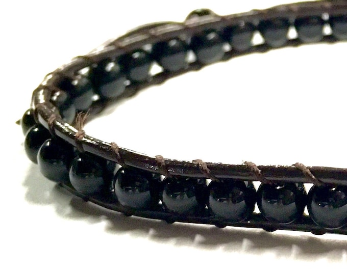 Black Stone 1 Wrap Bracelet Natural Stone SouthWest Jewelry Chakra Bangle Cuff Black Leather Boho Hippie Bracelets for Women Girls
