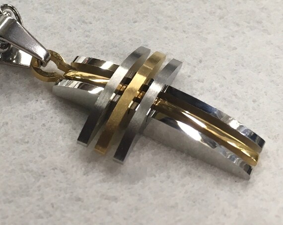 Small Cross Three 3 Bar Two Color Silver Gold with Stainless Steel Heavy Chain Christian Jewelry