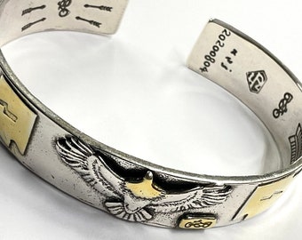 Mens Silver Eagle Biker Bracelet with Gold Trim Western Spirit Cast Raised American Eagle Bird for Men Bangle Cuff Heavy Jewelry