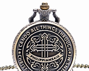 Pocket Watch I Can Do All Things Through Christ Who Strengthens Me Bible Philippians 4:13 God Jesus Christian Necklace Pendant Chain Jewelry