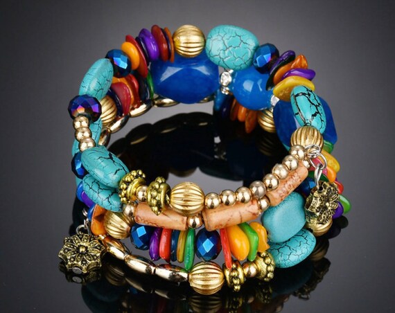 Multi Colored Cuff Bracelet Bangle Mulit Colored Beads Silver Charm Wrap Boho Hippie jewelry for Women Girls Cuff jewellery