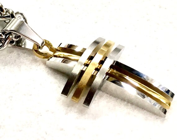 Silver Gold Petite 3 Crosses Bar Necklace for Men Boys 2 Colors Stainless Steel Super Heavy Chain Cross of Jesus Jewelry Jewellery