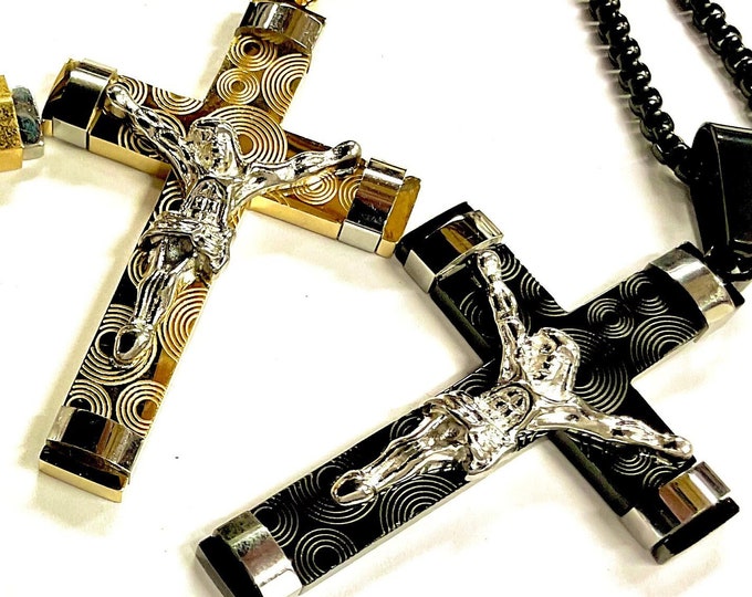 Medium Gothic Cross Crucifix Necklace for Men Women Waterproof Jewelry Silver Gold Heavy Stainless Steel Jesus Christ Catholic Orthodox