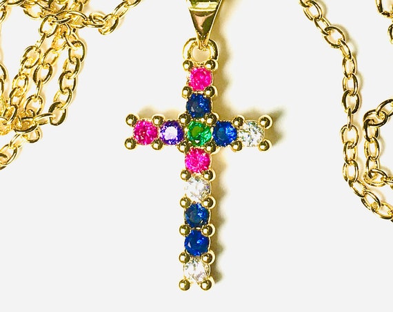 Rainbow Cross Necklace Pendant Multi Color CZ Crosses Small for Women Girls Best Price Weddings Cheapest Bridesmaid jewellery jewelry