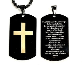 Full Prayer Saint Michael Cross Dog Tag Necklace All Black Patron Saint Police Officers Soldiers St Medal Medallion Firefighters Prayer