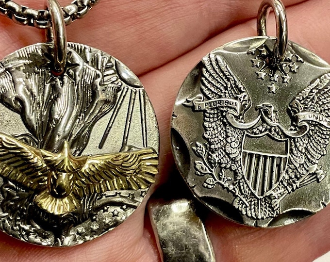 Solid Sterling Silver Western Bald Eagle Pendant Coin like Detail Engraved Necklace Biker Box Chain Mens Jewelry Jewellery