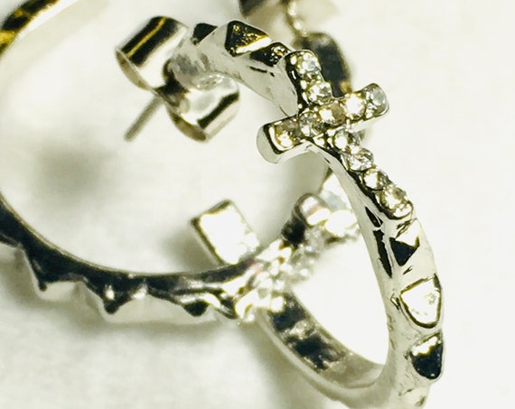 Silver Cross Hoop Stud Earrings Post Set Off Classic Rhinestone jewellery Crosses of Jesus Christian Jewelry for Modern Wedding Womans Girls