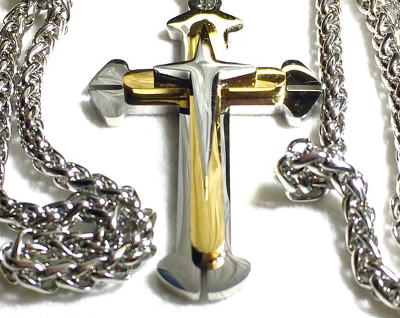 Cross Necklace Copper Silver Gold for Men Boys Stainless Three 3 Layer Design Steel Chain Cross of Jesus Jewelry Jewellery