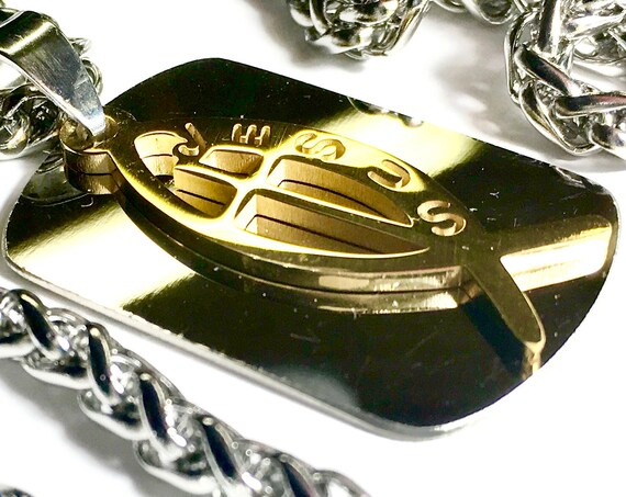 Jesus Fish Cross Dog Tag Necklace Two piece Silver and gold Medallion with Stainless Steel Heavy Braided Chain Cross of Jesus