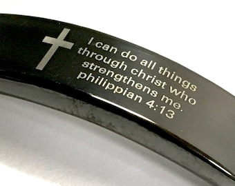 Bracelet for Men Silver Black Bangle Engraved I can do all things through Christ who strengthens me Stainless Steel Cuff Philippians 4:13