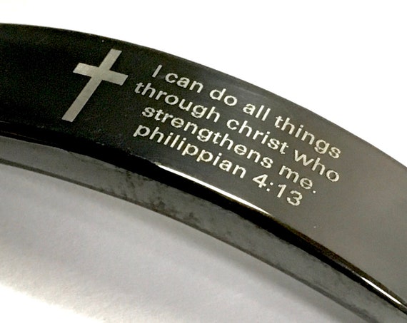 Bracelet for Men Silver Black Bangle Engraved I can do anything through Christ who strengthens me Stainless Steel Cuff Philippians 4:13