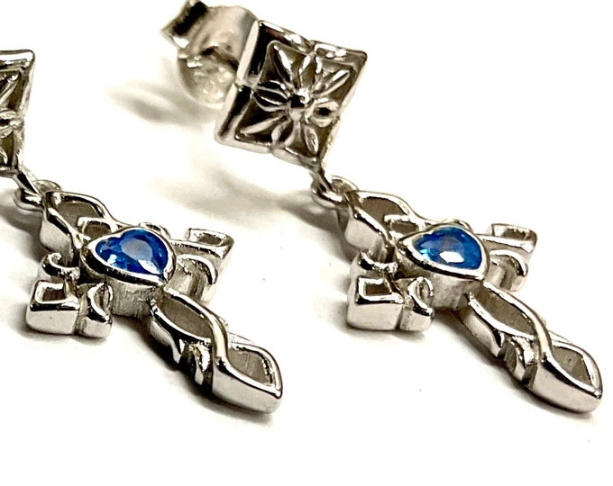 Solid Sterling Silver Cross Blue Zircon Earrings Sacred Heart Dangle S925 Hypoallergenic Elegant Dainty Sparkling Jewelry young girls women