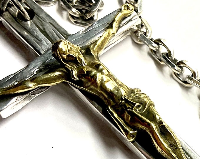 Heavy Solid Silver Cross Necklace with Contrasting Brass Crucifix Solid Sterling Silver Chain S925 for Men Catholic Orthodox