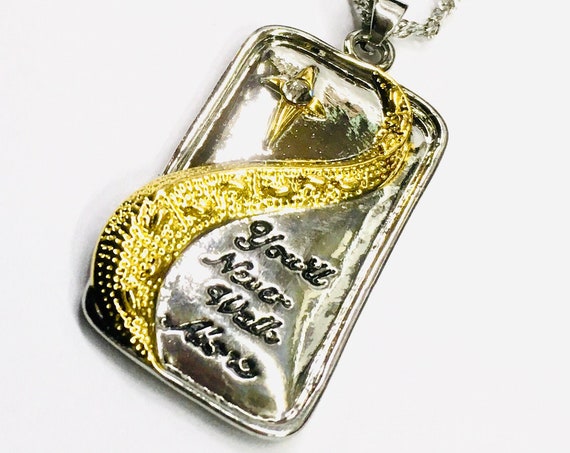 Gold Raised Cast Two Tone Footprints You’ll Never Walk Alone Pendant Necklace Engagement Wedding Birthday Medallion with Chain