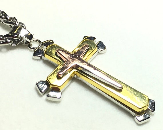 Cross Three 3 Layer Silver Gold Copper Stainless Steel and Chain Christian Jewelry