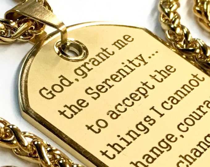 Raised Lettering Serenity Prayer Necklace Dog Tag Gold Silver Thick Chain Exclusive Design Pendant for Mens Boys Waterproof Stainless Steel