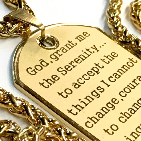 Raised Lettering Serenity Prayer Necklace Dog Tag Gold Silver Thick Chain Exclusive Design Pendant for Mens Boys Waterproof Stainless Steel