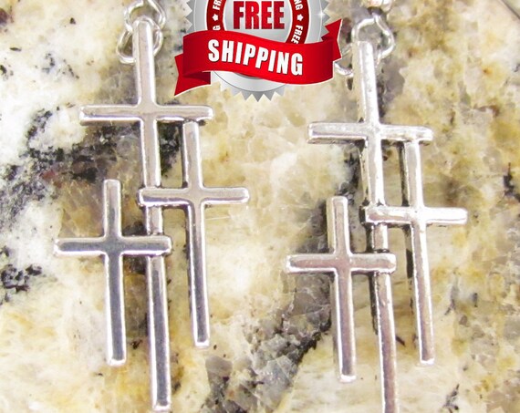 Silver Cross Earrings 3 Crosses and Necklace Vintage Boho Women Men Small Calvary 3 Cross Triple Cross Earrings Girls Jewelry jewellery