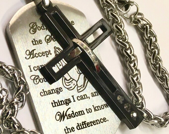 Serenity Prayer Cross Necklace Black Silver Crosses 2 Color Dog Tag Exclusive Waterproof Pendant for Mens Boys Christian Jewelry Jewellery