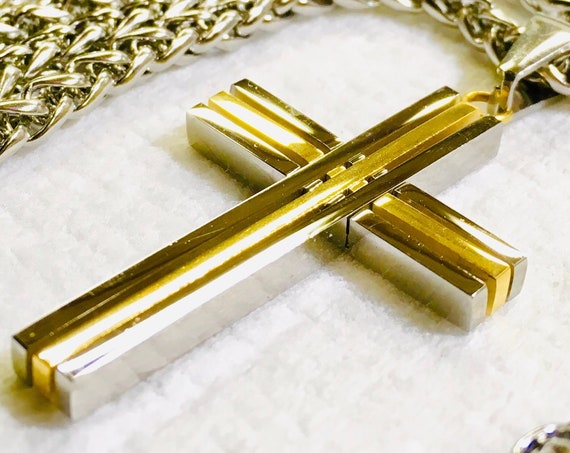 3 Crosses Necklace for Men Silver Gold 3 Flat Bars in 2 Colors Super Heavy Chain Stainless Steel Cross of Jesus Jewelry Jewellery