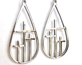 Teardrop 3 cross earrings necklace silver gold triple crosses drop earrings teardrop hoop calvary 3 triple three cross pendant