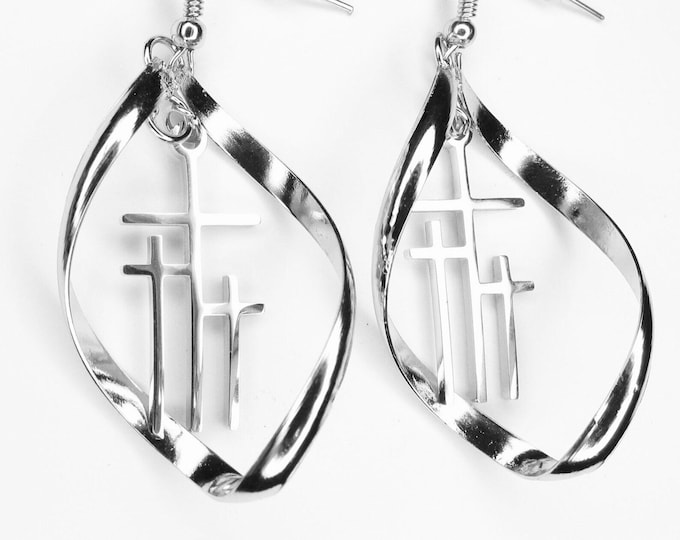 SET - 3 Crosses Twist Hoop Earrings Necklace Silver Gold Calvary Triple Cross of Jesus Drop Dangle Womans Christian Jewelry Jewellery