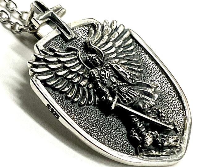 Winged Saint Michael Archangel Solid Sterling Silver Waterproof Protect Us Shield Silver St Michaels Patron Saint Police Officers Soldiers