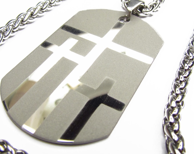 Silver Necklace for Men 3 Crosses Dog Tag Handmade Triple Cross of Calvary custom personalized Waterproof Stainless Steel Christian Jewelry