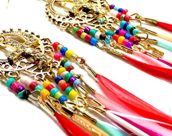 Feather Earrings Silver Gold Rainbow Cross Multi Colored Bohemian Boho Hippie Woman Cross Girls Drop Dangle Christian Jewelry Jewellery