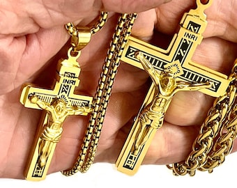 Große gotische Kreuz Kruzifix Halskette ganz Gold und schwarz gravierte gravierte wasserdichte Schmuck schwere Edelstahl INRI Hip-Hop-Kette katholisch