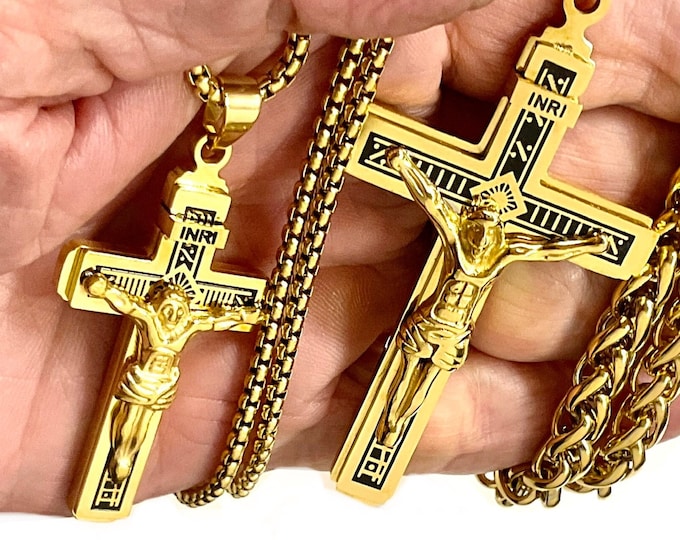 Large gothic cross crucifix necklace all gold and black orthodox waterproof jewelry heavy stainless steel INRI hip hop chain catholic