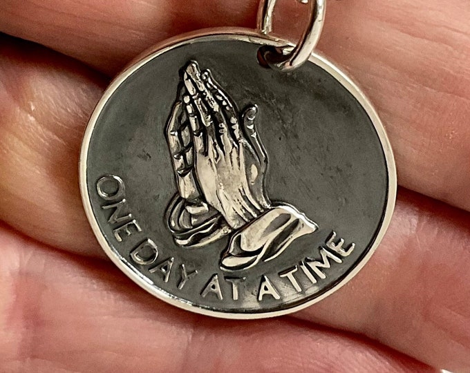 Solid Sterling Silver Serenity Prayer Coin Necklace Praying Hands Raised Lettering Sobriety Coin Necklace one day at a time