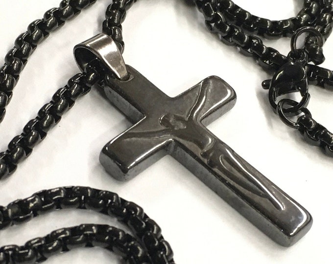 Black Cross Necklace Obsidian Hematite Black Mens Ancient Old World Pendant Waterproof Stainless Steel Boys Box Chain Crucifix Boys Jewelry