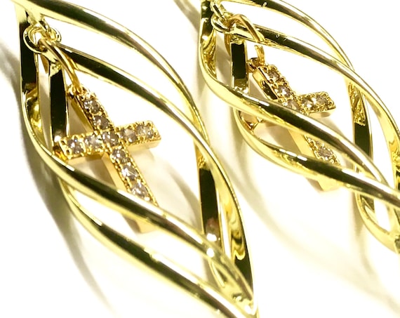 Cross Hoop Earring for Women Silver Gold Double Twist Dangle Rhinestone Cross Jesus