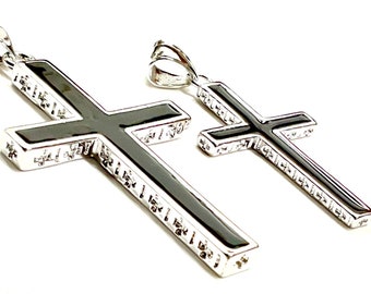 Solid Sterling Silver Cross S925 with Black Accent Stainless Steel Chain necklace for Men Women Old World Cross 2 Color Wheat Chain Jesus