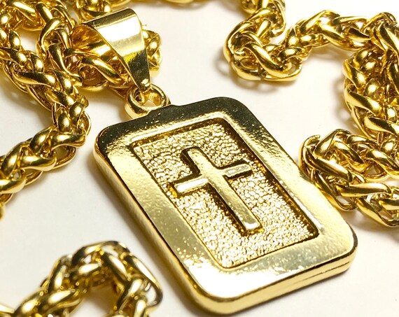 Gold Raised Cast Cross Dog Tag Necklace Heavy Thick Old World Look Medallion with Gold Stainless Steel Heavy Braided Chain Cross of Jesus