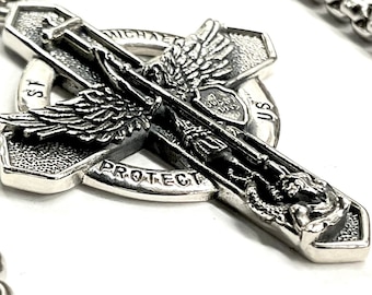 Winged Saint Michaels the Archangel Cross Solid Sterling Silver Waterproof Protect Us Celtic Shield St Patron Saint Police Officers Soldiers