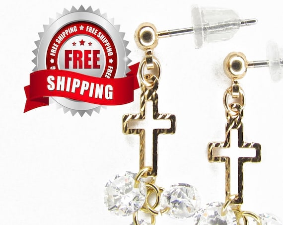 Zircon Cross Stud Earring CZ Tiny Gold Hammered Hollow Crosses Small Dangle Zircons for Women Girls Weddings jewellery jewelry