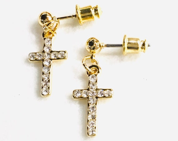 Gold Dainty Drop Rhinestone Cast Cross Earrings Post Elegant Women Girls